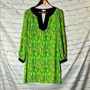 Lilly Pulitzer Silk Long Sleeves Dress Green & Blue V-Neck Dress Size 6